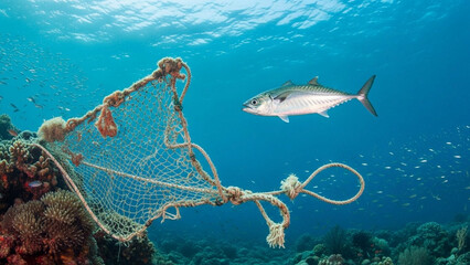 Single fish swimming freely away from a broken fishing net, underwater scene, clear blue water, no humans.