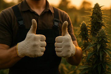 Cannabis Farmer's Approval: A farmer, clad in work attire and gloves, proudly displays two thumbs up in a cannabis field.