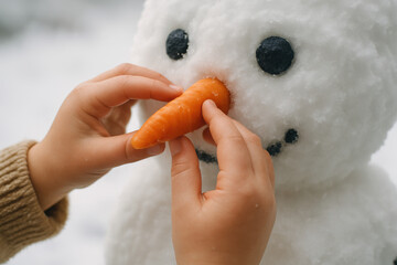 Snowman Creation: A child's hands carefully place a carrot on a snowman's face, a moment of winter fun and creativity. Capturing the joy of winter, playful construction, and youthful delight.