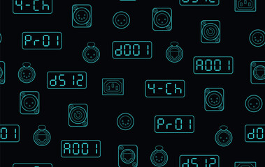 Seamless pattern of neon-style digital displays and connector icons, including DMX, XLR, power and Ethernet symbols, arranged on a dark background for tech or stage-lighting themes.