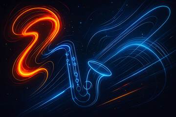 Abstract neon illustration of a glowing blue saxophone with dynamic orange and blue light trails on a dark background, symbolizing jazz music, rhythm, energy and nightlife.