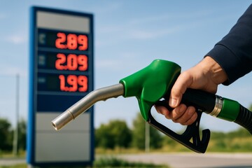A hand holds a green fuel nozzle at a roadside station, with a blurry price board. Concept of cost, energy, travel For blog post on fuel price trend