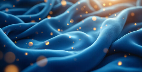 Abstract blue silk fabric background with golden bokeh lights. Luxury satin texture with glowing sparkles. Magic holiday banner concept