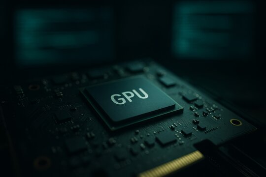 Close-up of a "GPU" chip on a circuit board under moody light. Concept of compute power and parallel processing. For tech blog cover or hardware photo in article
