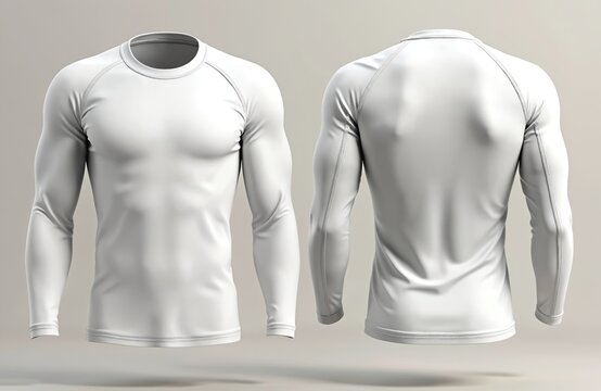 Clean white long sleeve rash guard mockup. Front and back view of blank apparel for design or brand placement. Perfect for activewear, sports or casual presentation.