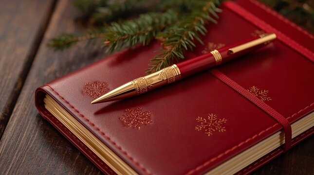 Golden pen resting on a red holiday notebook decorated with snowflakes, festive writing setup with Christmas greenery, warm seasonal stationery concept