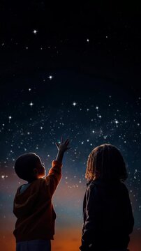 Two children gaze at a starry sky, reaching out with wonder. Shot from behind at a low angle, creating a dreamy, cinematic video feel. Live mobile wallpaper.