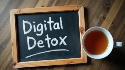 "Digital Detox" written on rustic chalkboard next to cup of tea, cozy self-care concept.