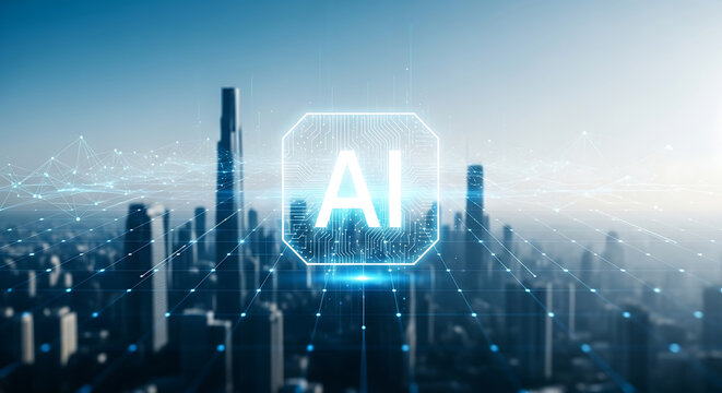 Artificial Intelligence powering futuristic cityscape with glowing AI symbol and digital network connections symbolizing innovation and advanced technology