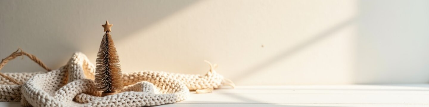 neutral beige knit background with a miniature wooden tree and jute string, Scandinavian Christmas simplicity, minimalism, rustic aesthetic, copy space