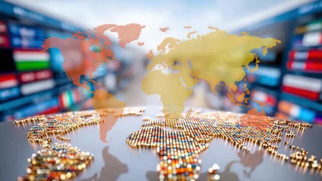 Global Connection: A visual representation of global interconnectedness, highlighting the world map with a network of lights and flags, illustrating international relationships and data flow.