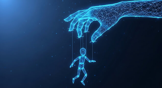 A futuristic concept of digital control and manipulation, with a large glowing plexus hand acting as a puppeteer over a small human figure marionette on a dark blue background