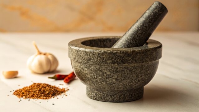 Stone mortar and pestle preparing spices on a kitchen surface