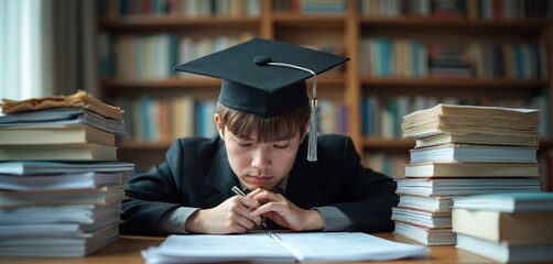 Young student wears cap, sits at table piled high with books, looks tired. He writes, feels stressed and overwhelmed by schoolwork. Exam preparation and late night studying concept.