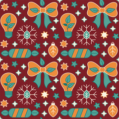 A seamless vector flat pattern featuring eco-friendly Christmas elements such as bows, light bulbs with leaves, snowflakes, candy shapes, ornaments, and stars in a festive, colorful design.
