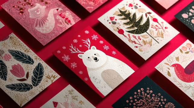 Collection of holiday greeting card designs with festive illustrations