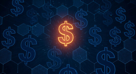 Glowing orange dollar sign symbol stands out against a dark blue digital background filled with faint hexagonal patterns and other dollar symbols