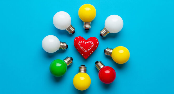 Colorful light bulbs arranged in a circle around a small red heart on a bright blue background, symbolizing love and idea