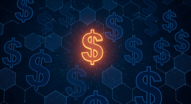 Glowing orange dollar sign symbol stands out against a dark blue digital background filled with faint hexagonal patterns and other dollar symbols
