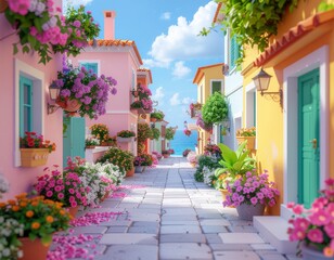 Naklejka premium Stylized Mediterranean Village Street 3D Render