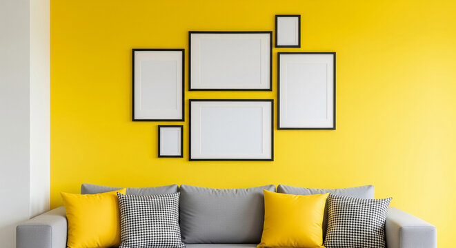 Blank picture frames arranged on a vibrant yellow wall above a modern gray sofa with yellow and patterned throw pillows in a contemporary living room setting
