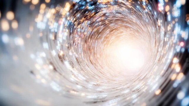 Tunnel of Lights: A mesmerizing perspective into a spiraling tunnel aglow with radiant light, a visual metaphor for the exploration of space and time.