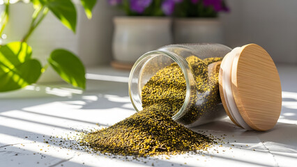 Dried herbal tea leaves spilling out of a clear glass storage jar.