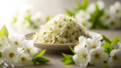 A delicate arrangement of fresh white jasmine flowers on a plate.