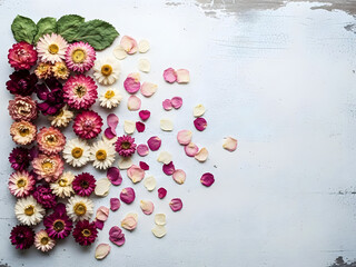 Colorful collection of dried everlasting strawflowers and scattered petals.