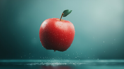 Red apple floating with water droplets on a dark blue background, concept of Newton Day  