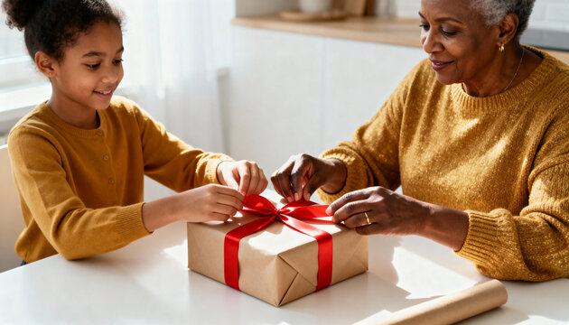 African American grandmother and granddaughter wrapping a gift together. Happy family preparing a present for a holiday celebration