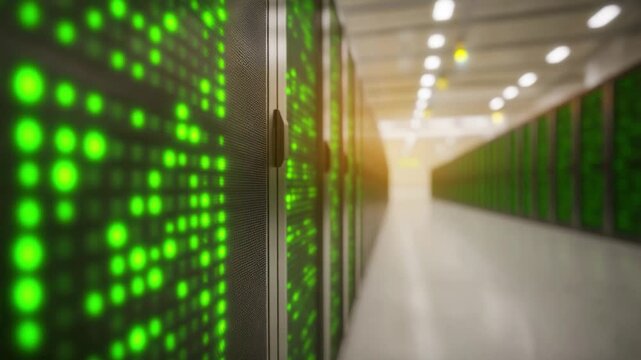 Digital Fortress: The image reveals a cutting-edge server room, filled with rows of servers, symbolizing digital data storage, processing and the ever-growing advancements in technology.