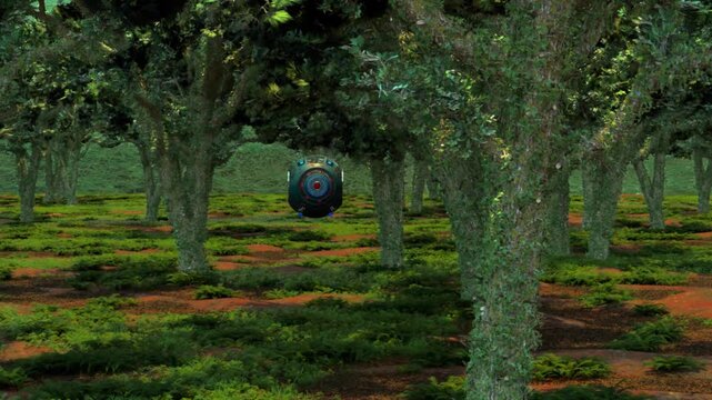 Apresenta&ccedil;&atilde;o de um droide esf&eacute;rico futurista realizando vigil&acirc;ncia em uma floresta. Vis&atilde;o conceitual em 3D.