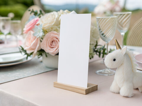 Whimsical Floral Table Menu Mockup with Pastel Decor and Plush Unicorn Accent