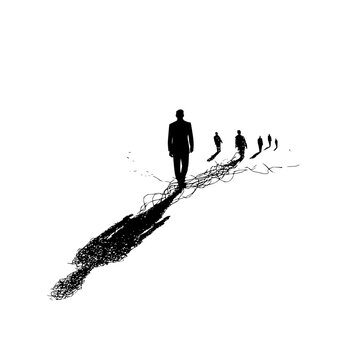 Man walking with long shadow, followed by figures, white