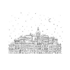 Handdrawn city skyline with buildings, dome, stars, and moon, white