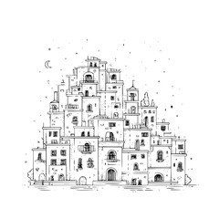 Hand drawn sketch of an old town village with many houses