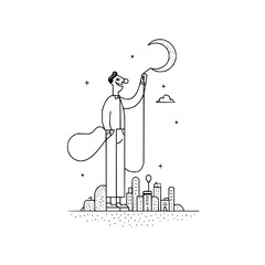 Man standing on cityscape holding crescent moon, dreaming of night sky