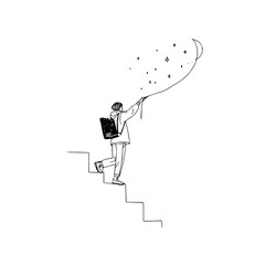 Person climbing stairs reaching for stars and moon