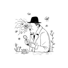 Detective with magnifying glass and mysterious eyes