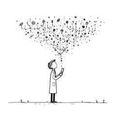 Scientist with phone and data network