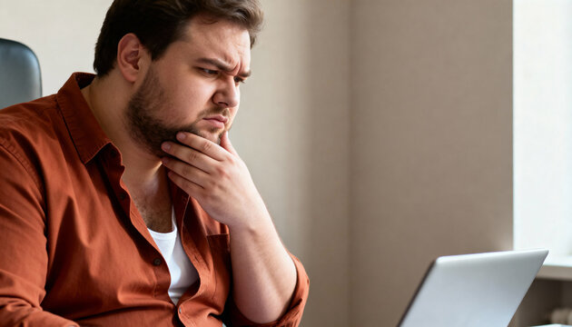 Thoughtful bearded man looking at laptop screen. Concerned male professional working in office. Serious person thinking about business problem - Powered by Adobe