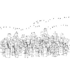 Handdrawn sketch of a bustling city skyline with flying birds
