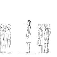 Woman communicating with two separate crowds