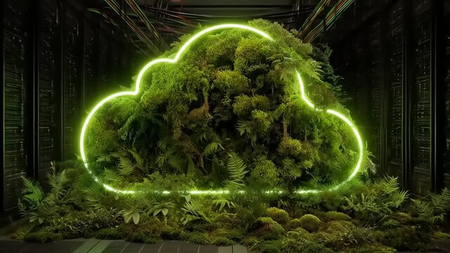 Cloud computing concept green cloud shape with neon outline and plants