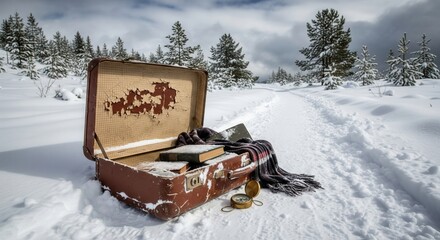 Open vintage suitcase with books and compass on snowy forest trail