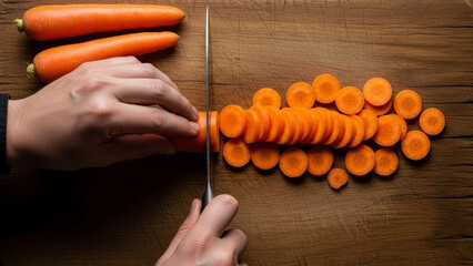 Hands holding and slicing carrots