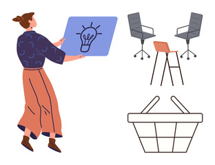 Woman holding board with lightbulb icon, idea concept, surrounded by office chairs, stool, shopping basket. Ideal for creativity, teamwork, business, brainstorming retail innovation strategy