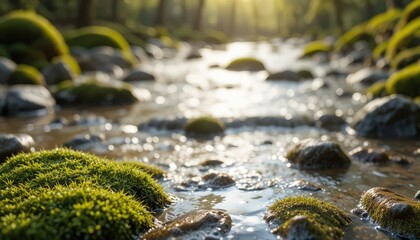 Blurred moss texture in the foreground with focused river stones for text overlay. The concept of caring for nature