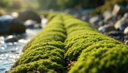 Green moss and wet river rocks with a vertical strip of focus and space for text. The concept of caring for nature